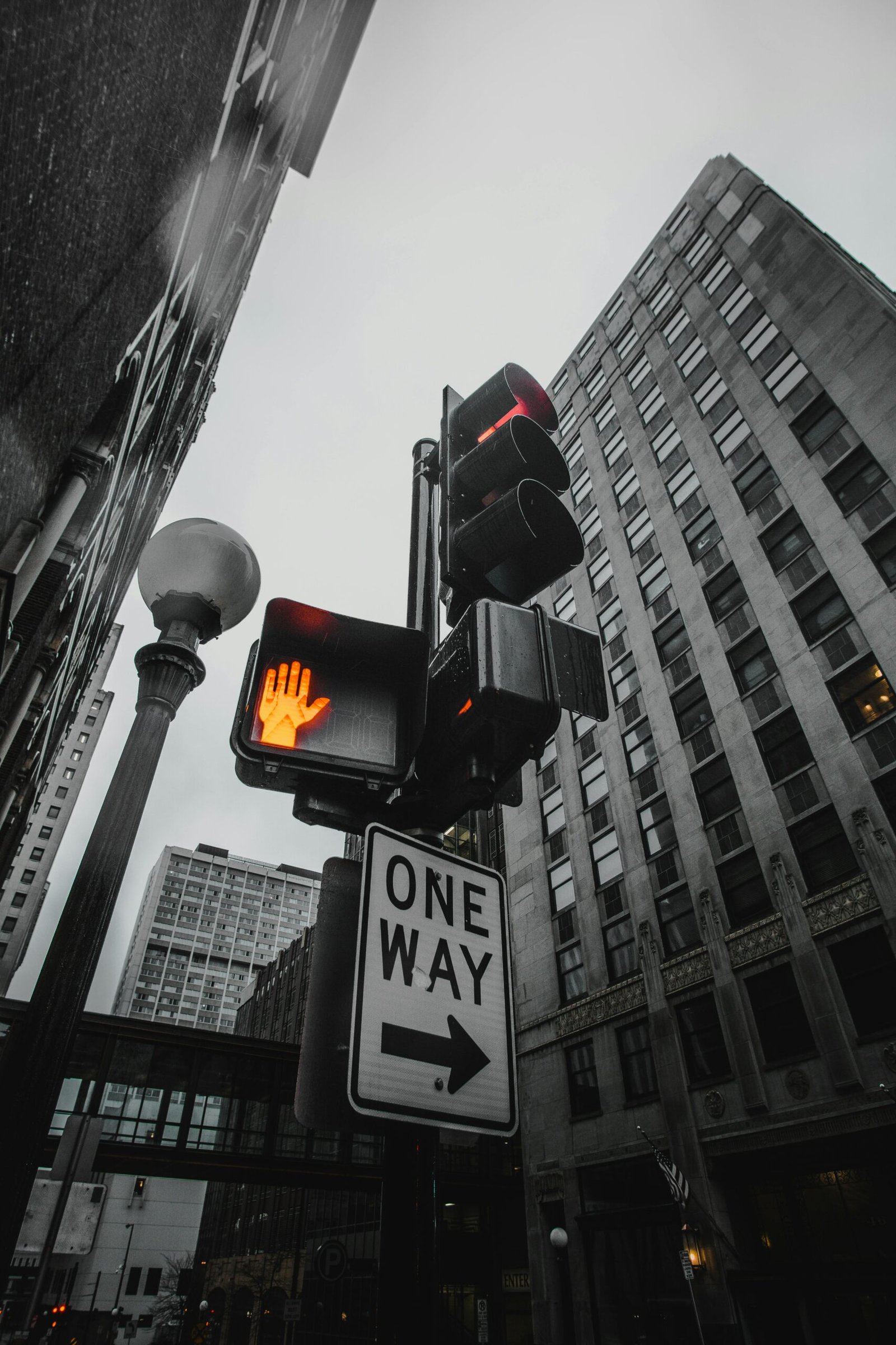 Low angle view of traffic lights and buildings in Saint Paul's city center.